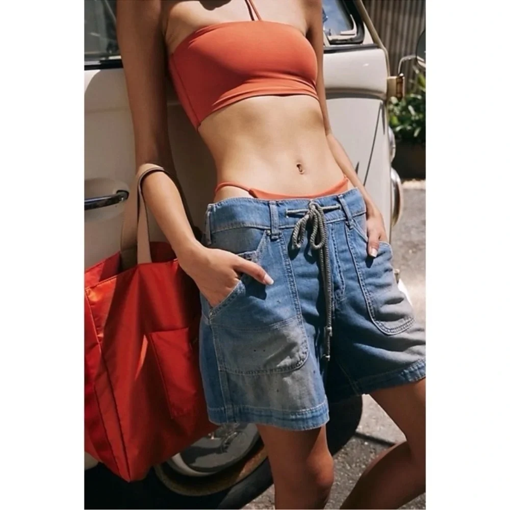 NWT Free People We The Free Second Chances Drawstring Jean Shorts Blue XS
